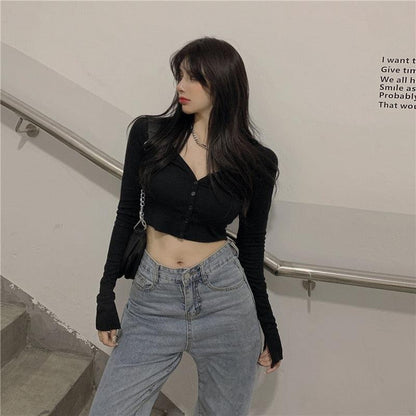 Y2K Long Sleeves Buttoned Crop Top