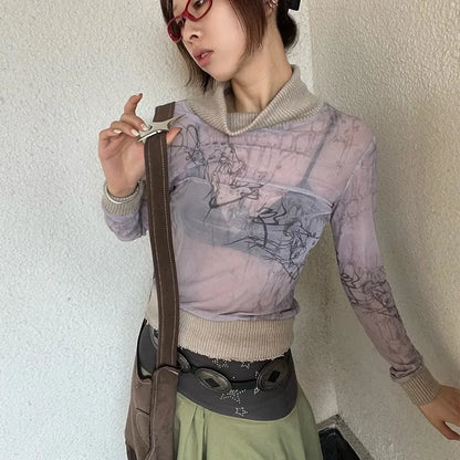 Y2K Mesh Turtleneck Top