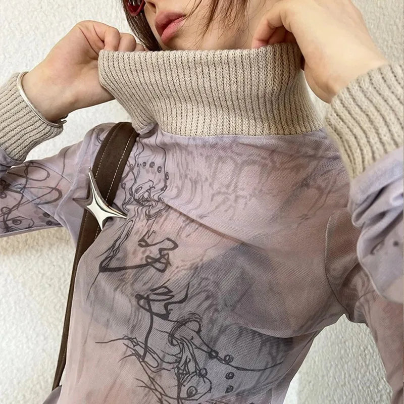 Y2K Mesh Turtleneck Top