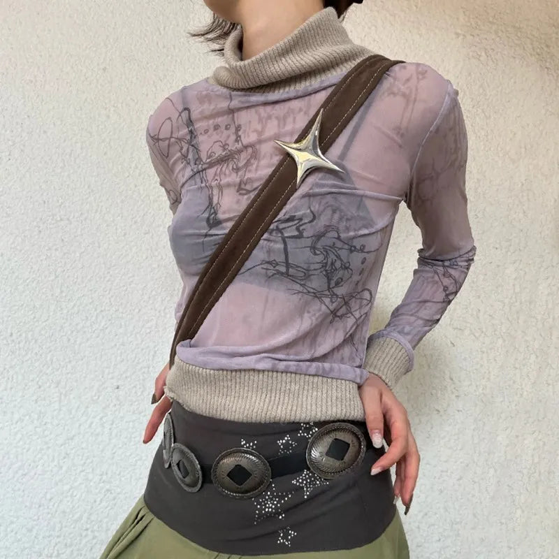 Y2K Mesh Turtleneck Top
