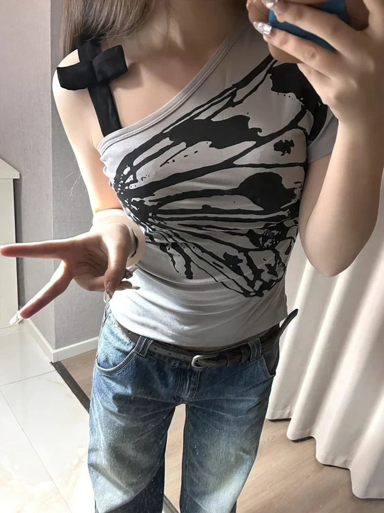 Y2K One Shoulder Butterfly Top