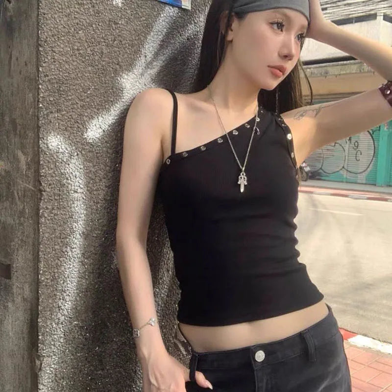 Y2K One Shoulder Grommet Top