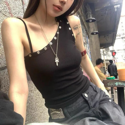 Y2K One Shoulder Grommet Top
