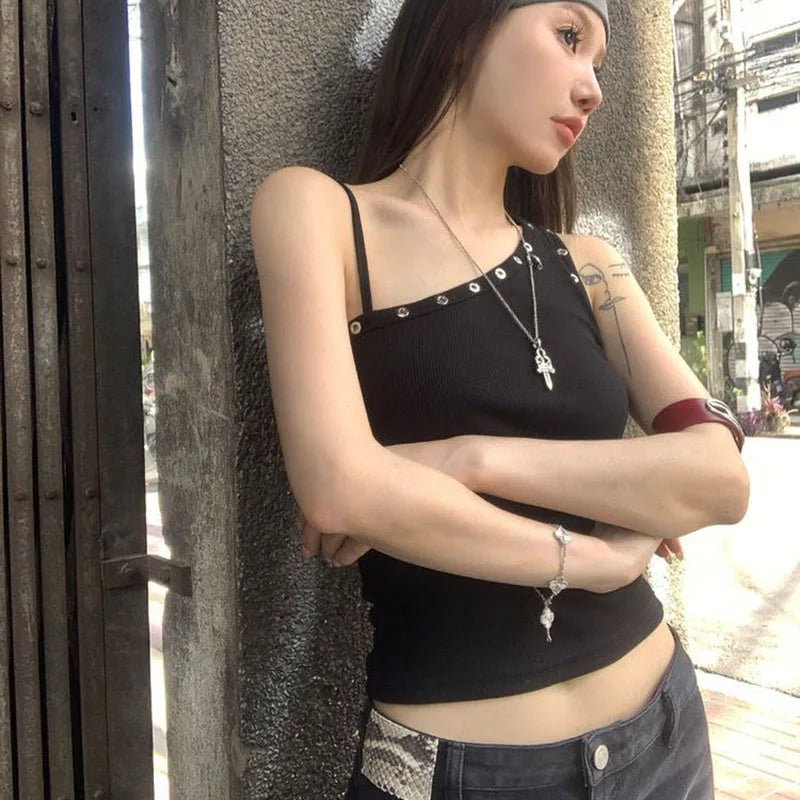 Y2K One Shoulder Grommet Top