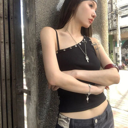 Y2K One Shoulder Grommet Top