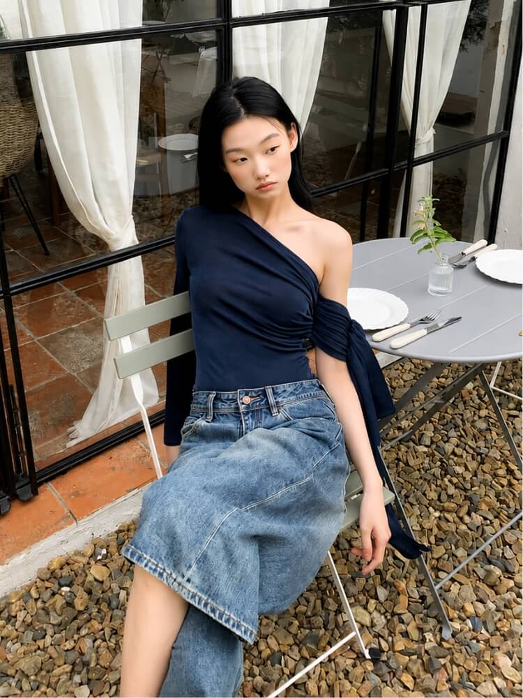 Y2K One Sleeve Draped Blouse
