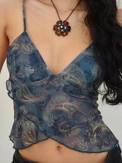Y2K Paisley Mesh Crop Top