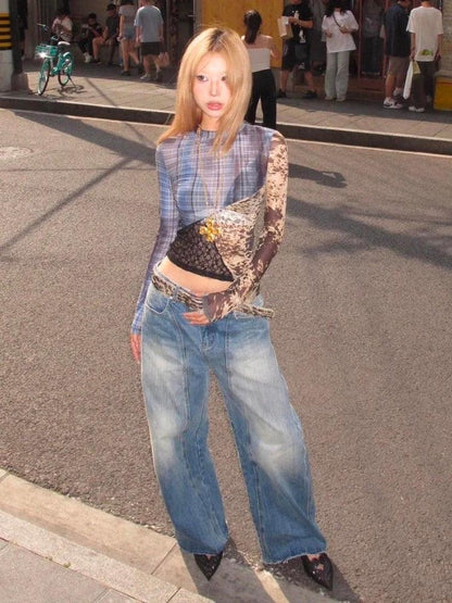 Y2K Patchwork Mesh Top