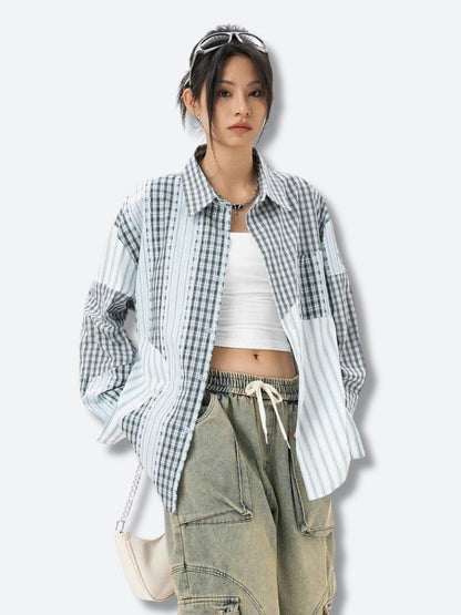 Y2K Patchwork Striped & Plaid Shirt