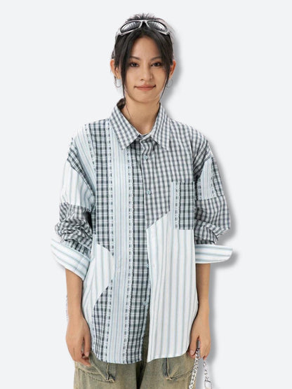 Y2K Patchwork Striped & Plaid Shirt