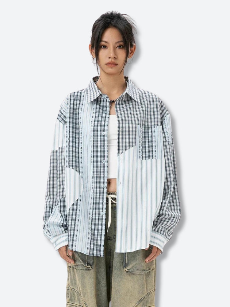 Y2K Patchwork Striped & Plaid Shirt