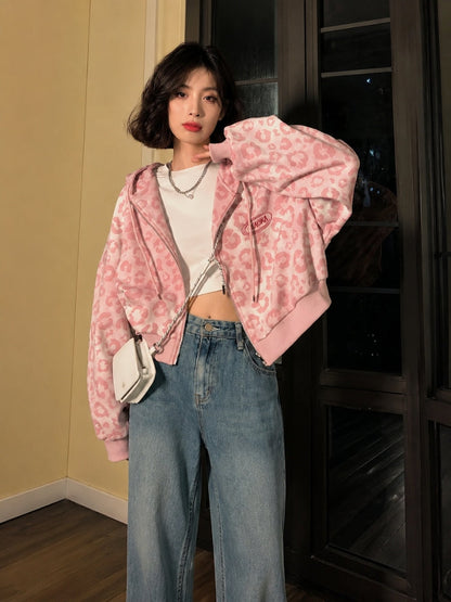 Y2K Pink Leopard Zip Hoodie