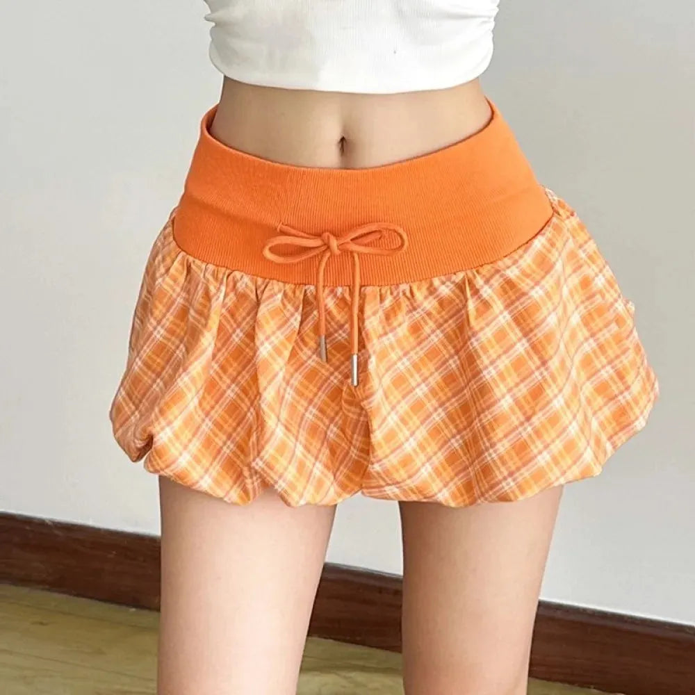 Y2K Plaid Drawstring Bubble Mini Skirt