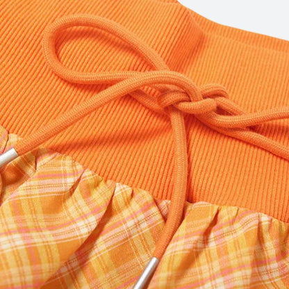 Y2K Plaid Drawstring Bubble Mini Skirt