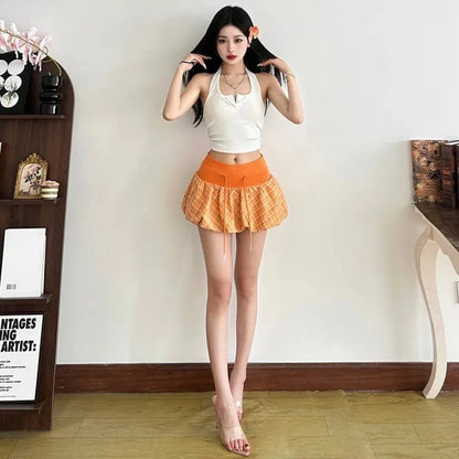 Y2K Plaid Drawstring Bubble Mini Skirt