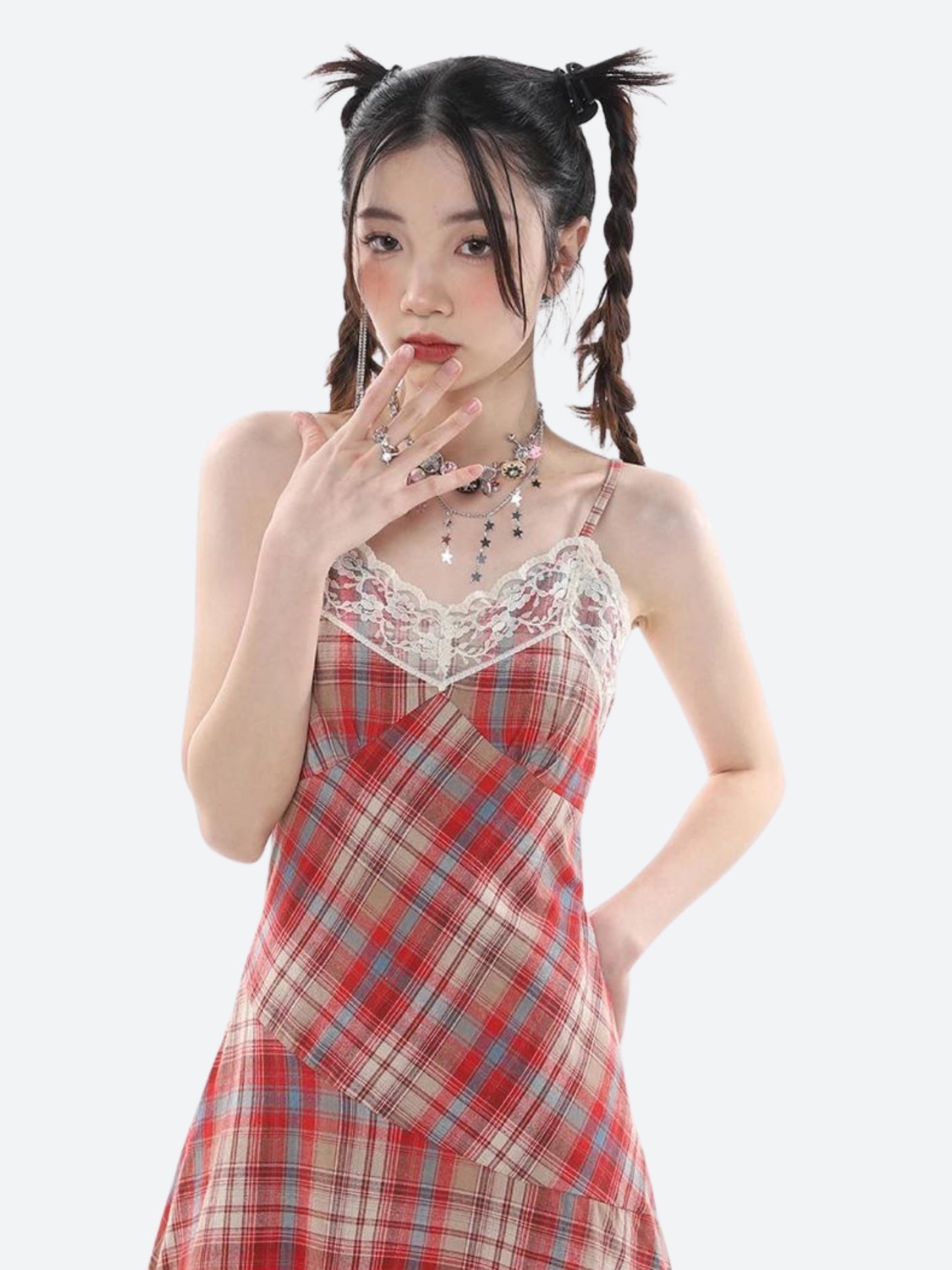 Y2K Plaid Lace Midi Dress