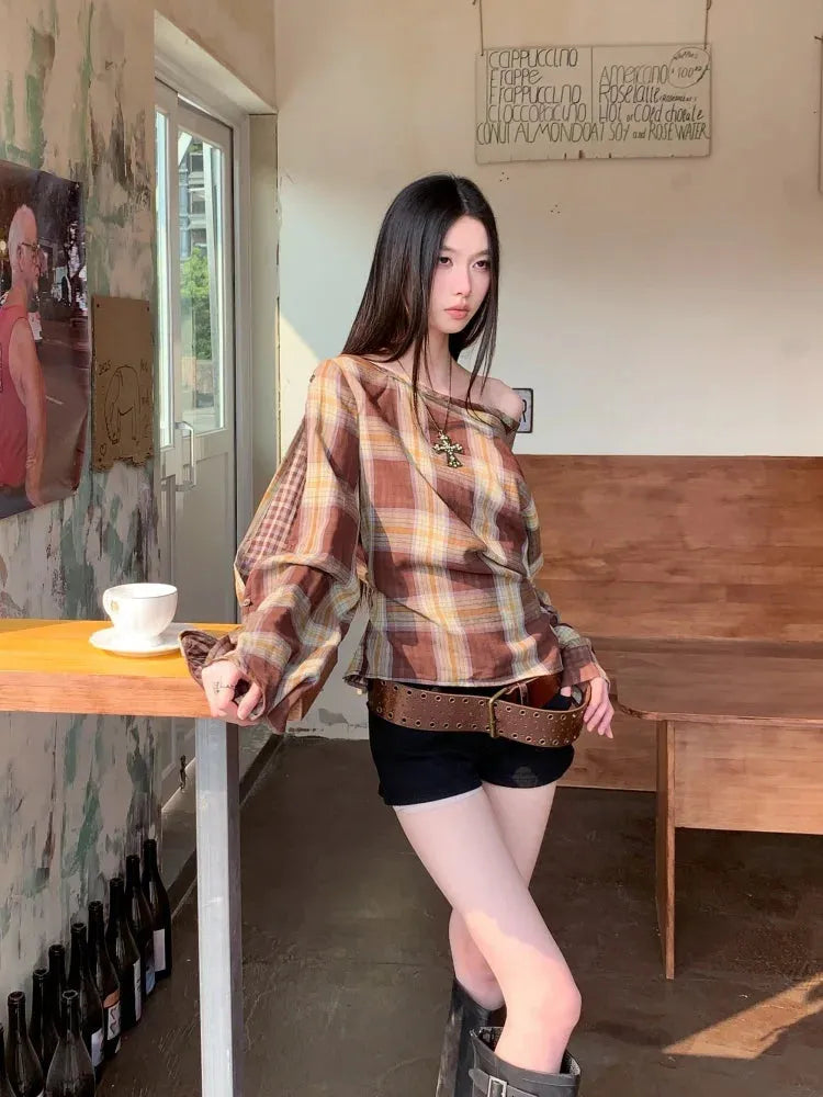 Y2K Plaid One Shoulder Top