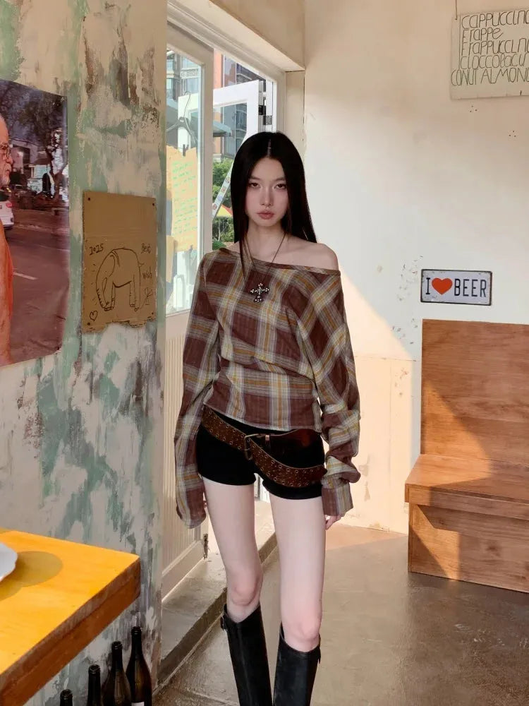 Y2K Plaid One Shoulder Top
