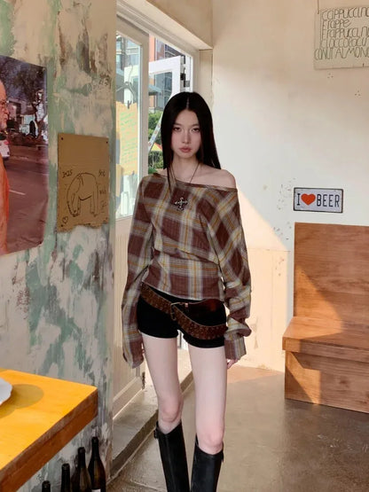 Y2K Plaid One Shoulder Top
