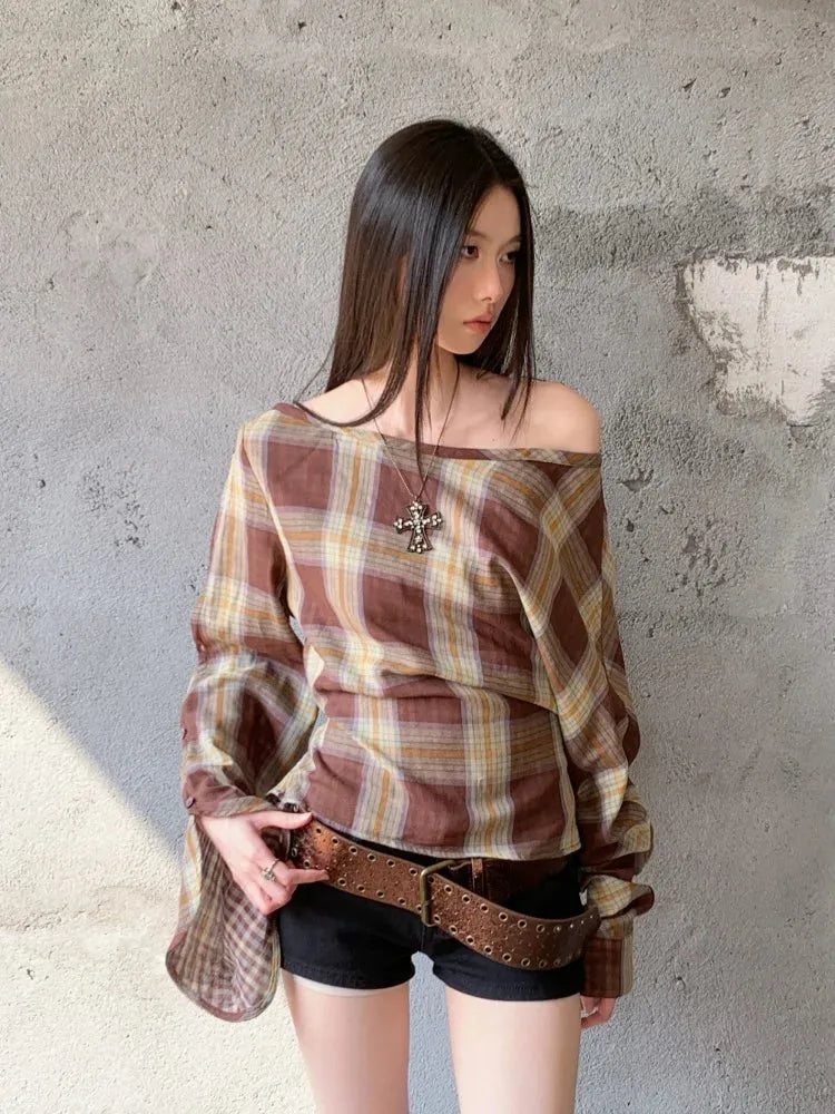 Y2K Plaid One Shoulder Top