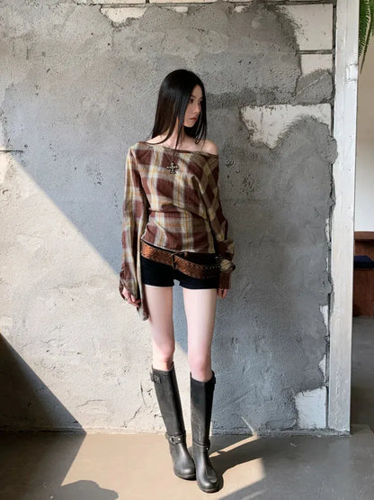 Y2K Plaid One Shoulder Top