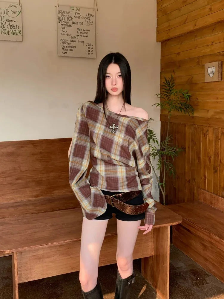 Y2K Plaid One Shoulder Top