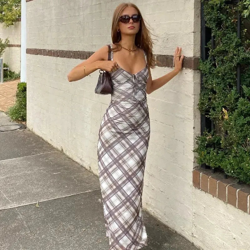 Y2K Plaid Slip Midi Dress