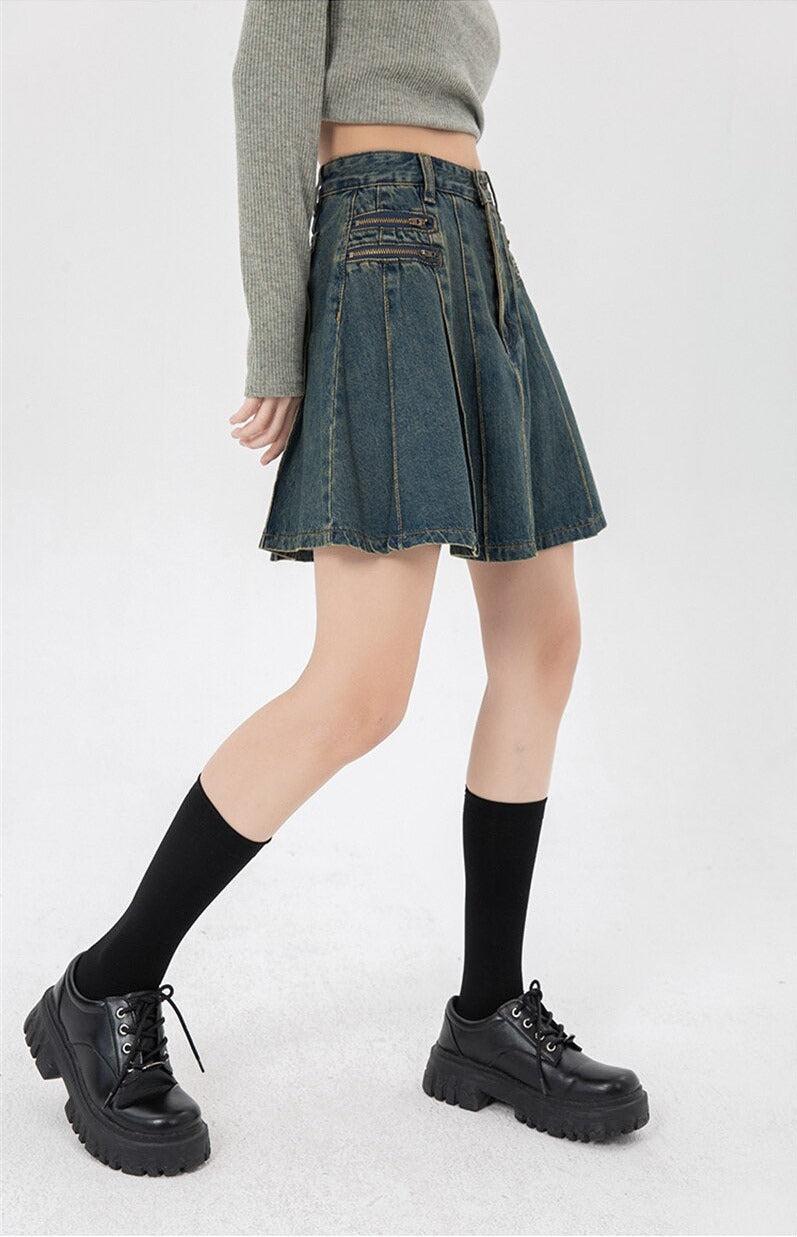 Y2K Pleated Denim Mini Skirt