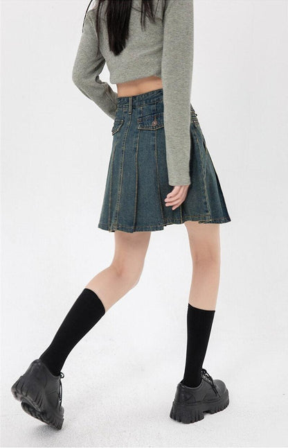 Y2K Pleated Denim Mini Skirt