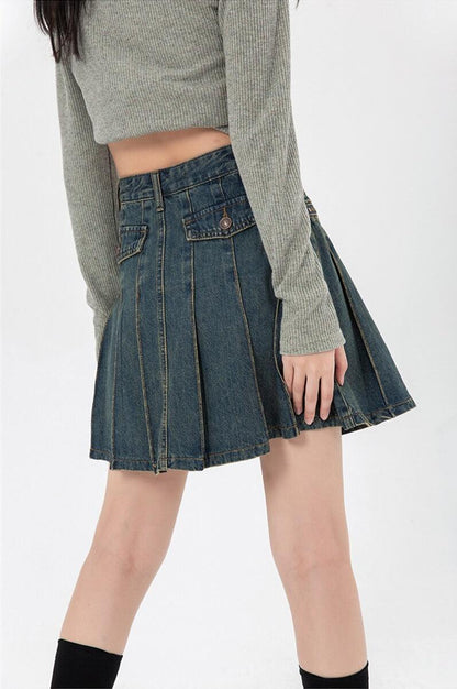 Y2K Pleated Denim Mini Skirt
