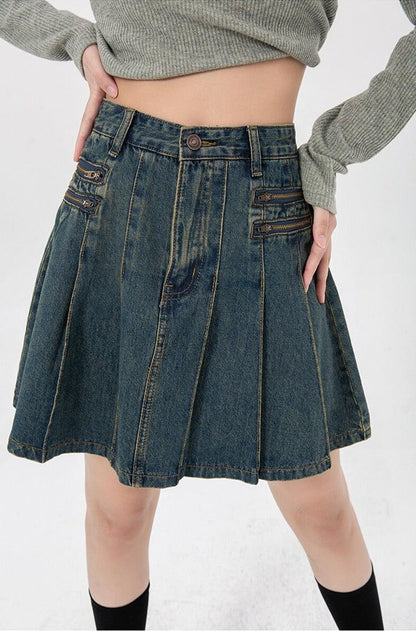 Y2K Pleated Denim Mini Skirt