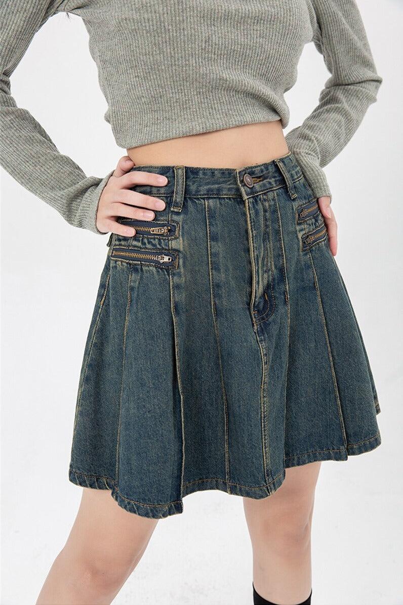 Y2K Pleated Denim Mini Skirt