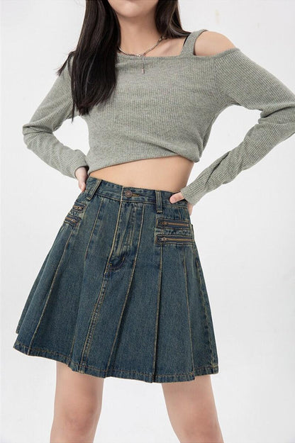 Y2K Pleated Denim Mini Skirt