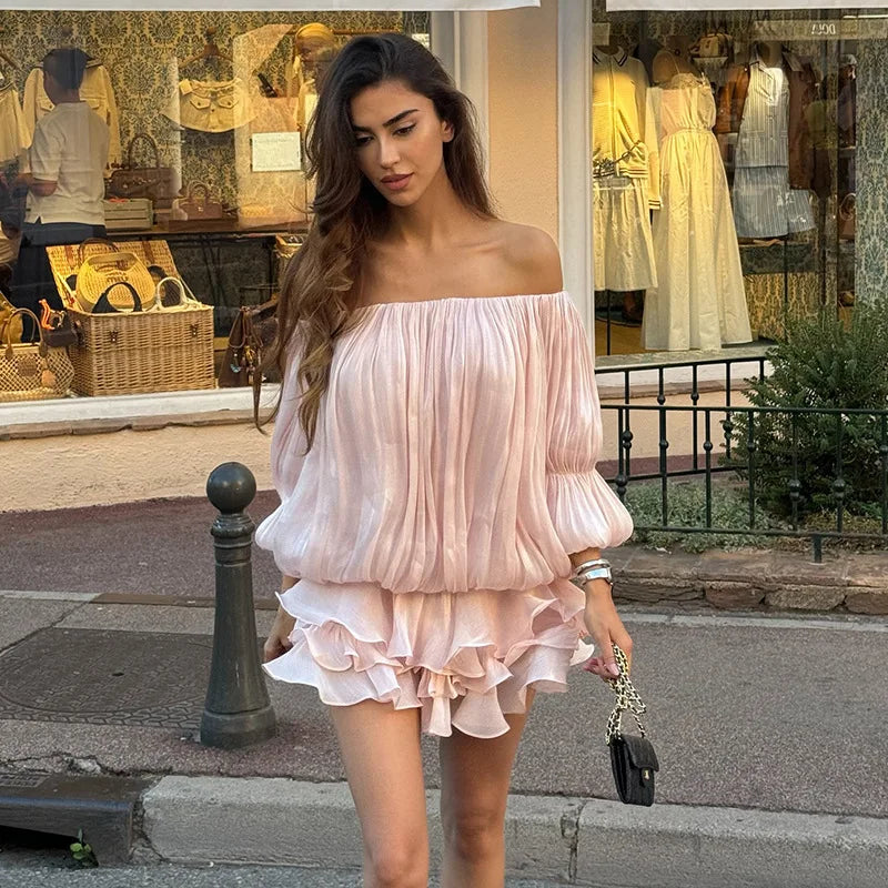 Y2K Pleated Off Shoulder Mini Dress