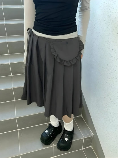 Y2K Pleated Pocket Midi Skirt