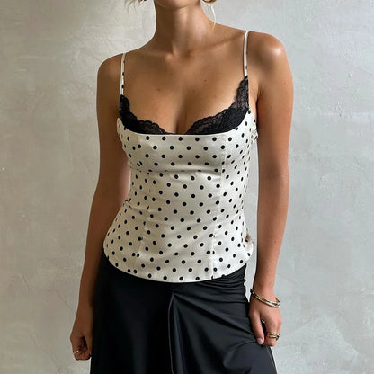 Y2K Polka Dot Lace Trim Top