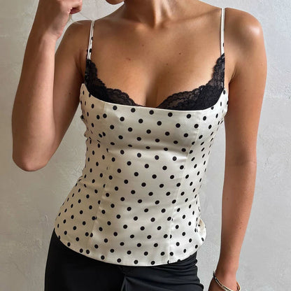Y2K Polka Dot Lace Trim Top