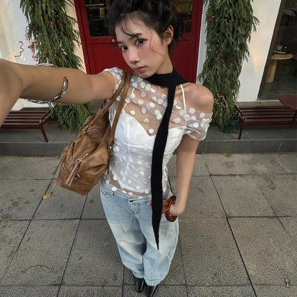Y2K Polka Dot Mesh Tulle & Top