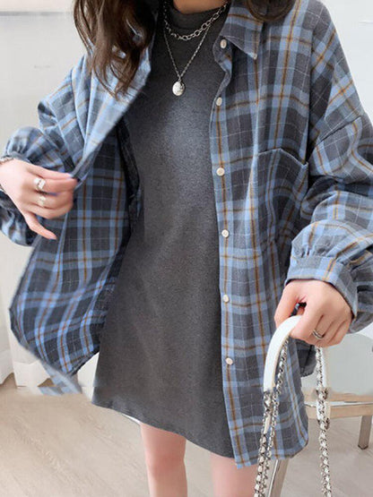 Y2K Puff Sleeve Plaid Shirt