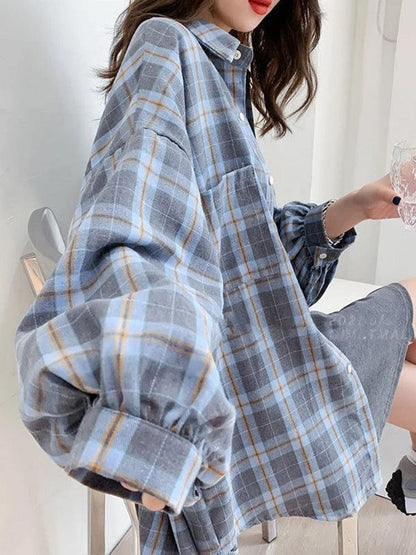 Y2K Puff Sleeve Plaid Shirt