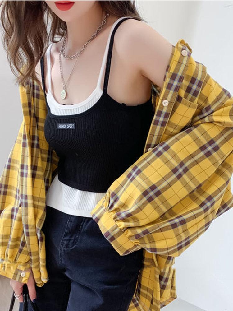 Y2K Puff Sleeve Plaid Shirt