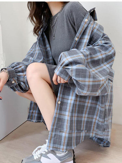 Y2K Puff Sleeve Plaid Shirt