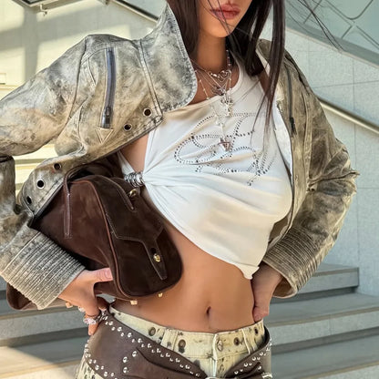 Y2K Rhinestone Tie-Up Crop Top