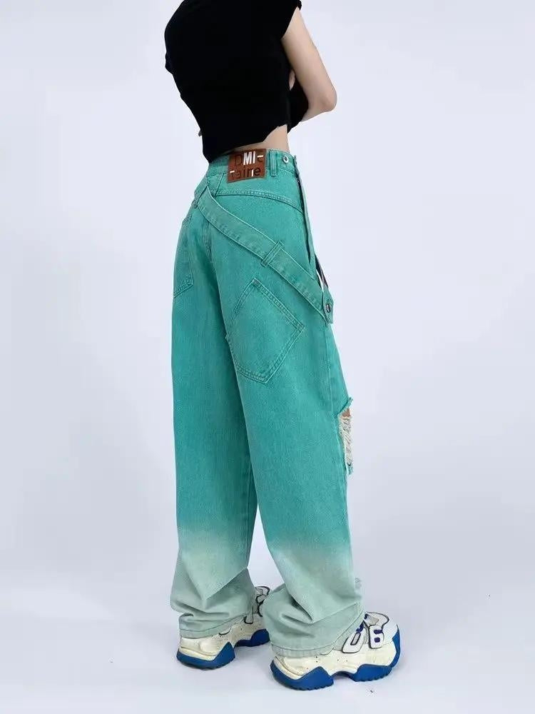 Y2K Ripped Denim Strap Jeans