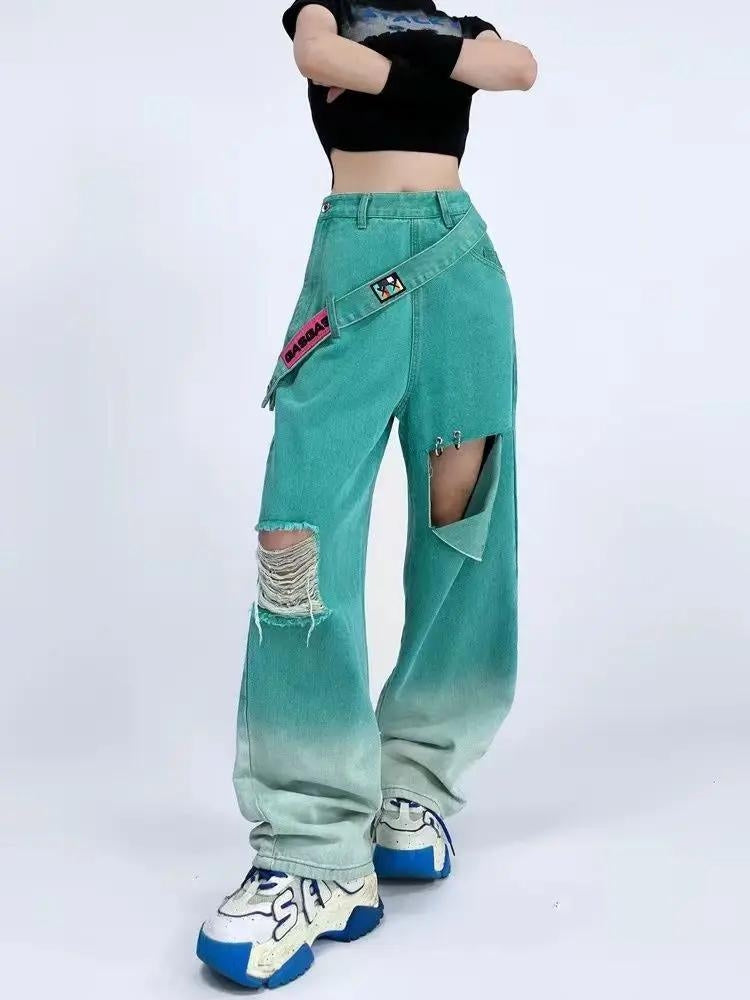 Y2K Ripped Denim Strap Jeans