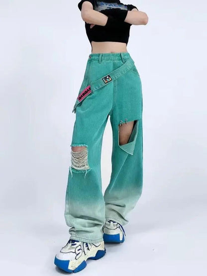 Y2K Ripped Denim Strap Jeans