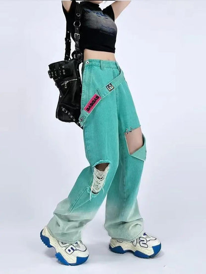 Y2K Ripped Denim Strap Jeans