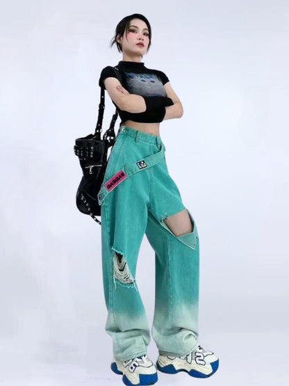 Y2K Ripped Denim Strap Jeans