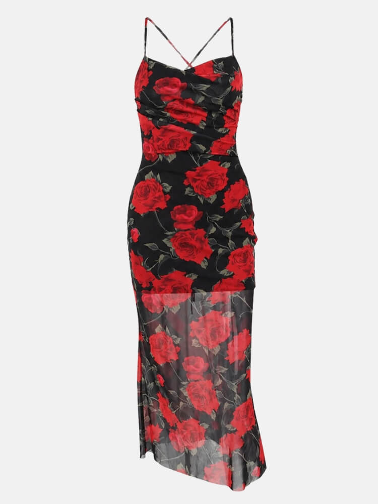 Y2K Rose Mesh Midi Dress