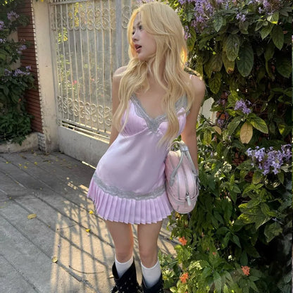 Y2K Satin Pleated Mini Dress